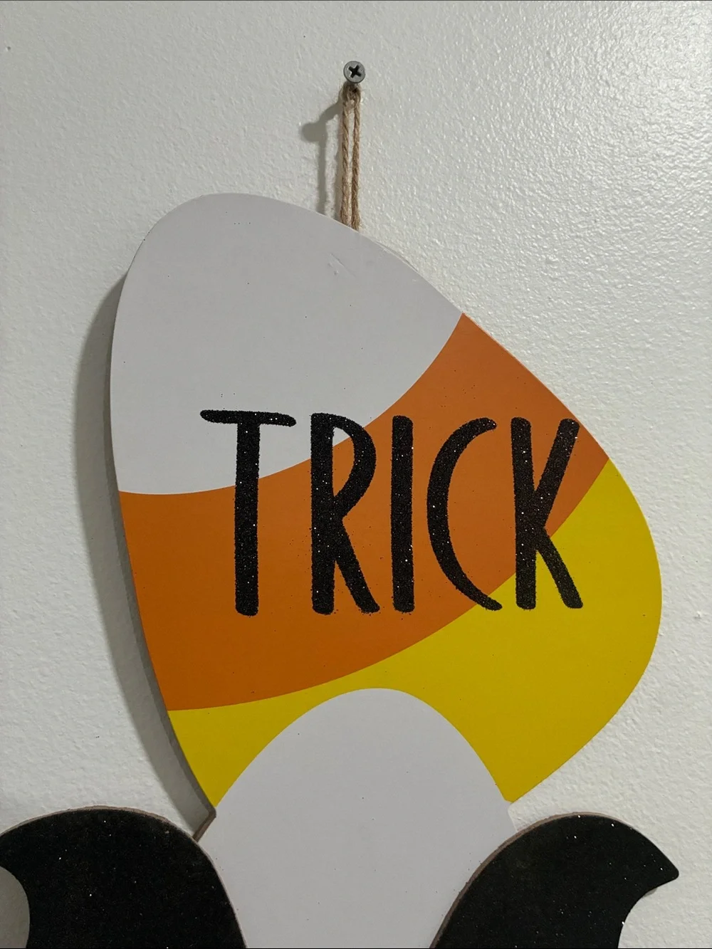 NWT 25”-Trick or Treat- Candy Corn & Bat- Glittered Wooden Halloween Decor Sign